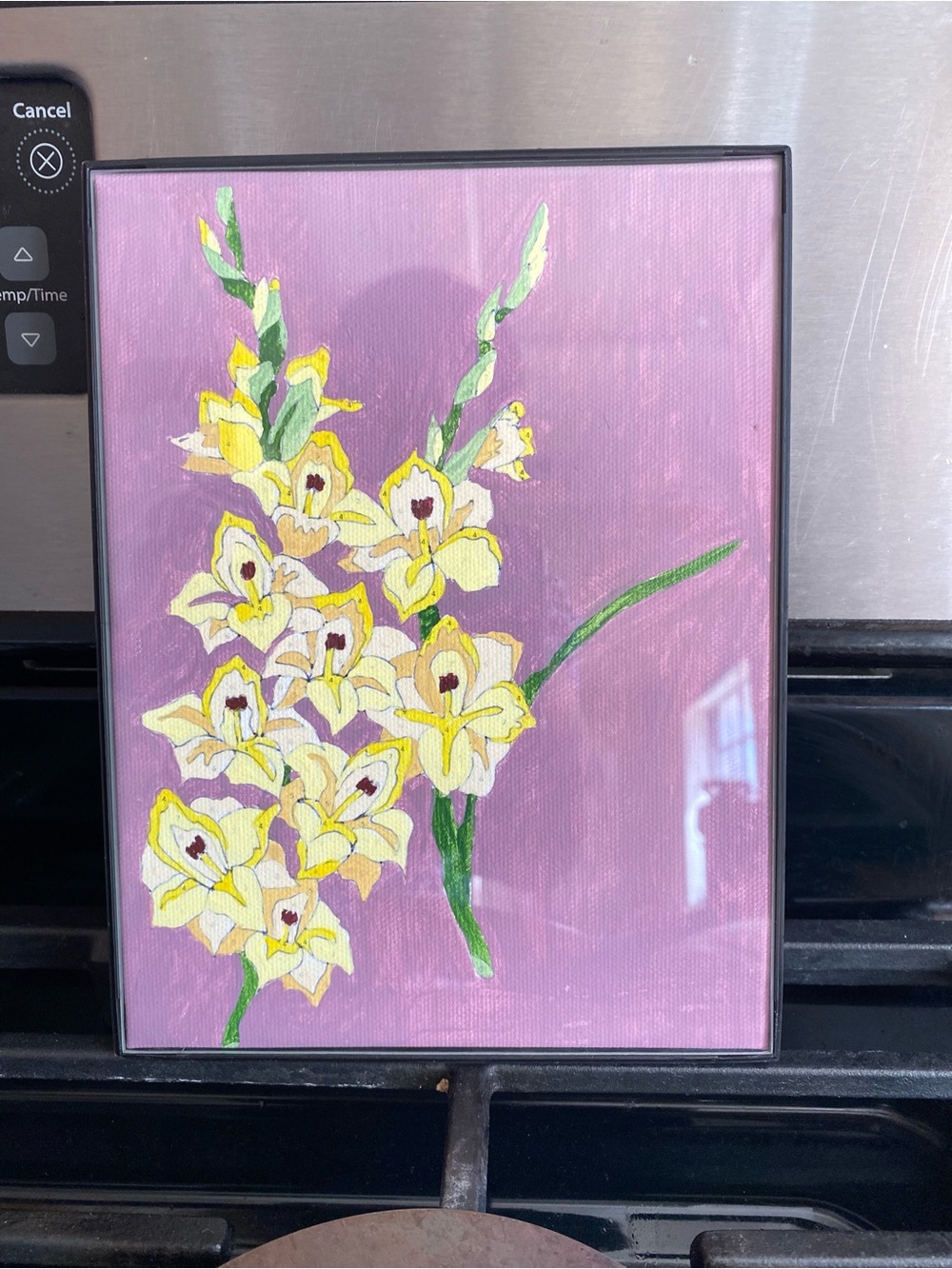 Handmade Framed Floral Canvas Art - Yellow Orchid on Pink Background